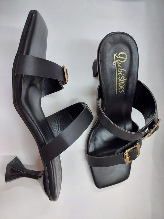 Mules noires à brides et boucles dorées – Chic intemporel & confort