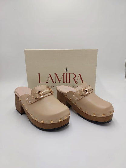 Mules Lamira Beige à Boucles Dorées – Élégance et Confort au Quotidien