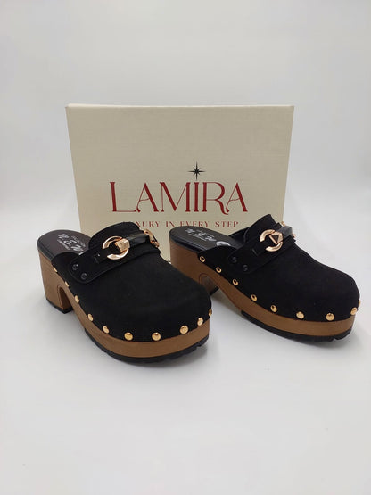 Mules Lamira Noires Suédées – Élégance Intemporelle et Finitions Dorées