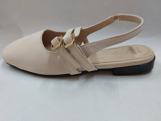 Sandales plates beige clair à double bride dorée – Confort chic