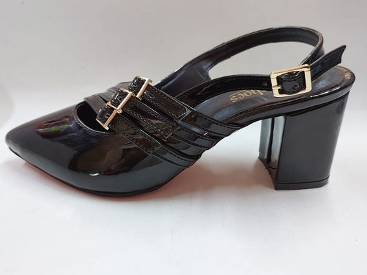 Escarpins noirs vernis à multi-brides dorées – Chic & Moderne