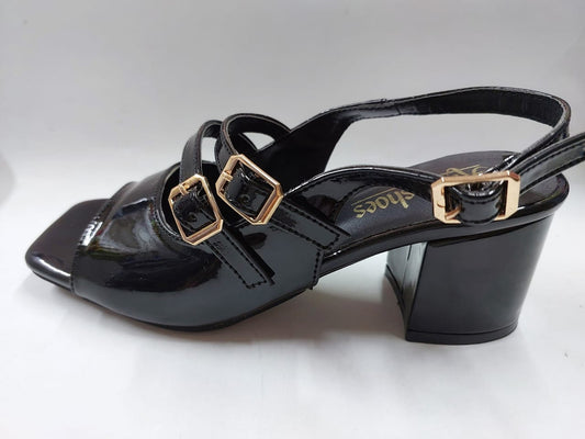 Sandales noires vernies à trois brides et boucles dorées – Élégance & confort