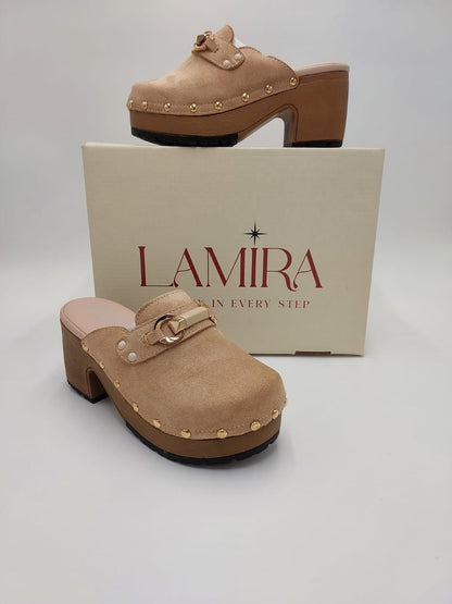 Mules Lamira Beige Suédées – Élégance Naturelle et Détails Dorés