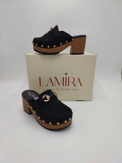 Mules Lamira Noires Suédées – Élégance Intemporelle et Finitions Dorées