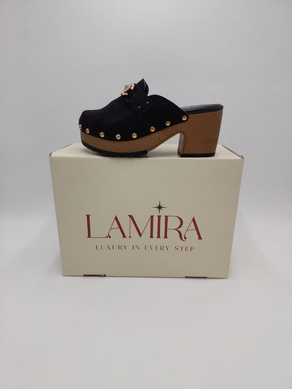 Mules Lamira Noires Suédées – Élégance Intemporelle et Finitions Dorées